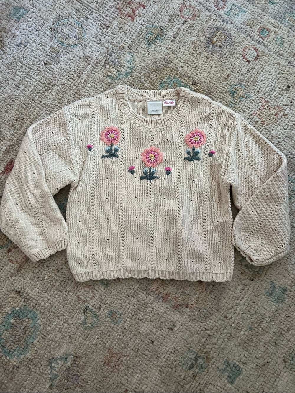 Zara Kids Embroidered Floral Knit Sweater | Size 6 Years (116 cm) | Cream
